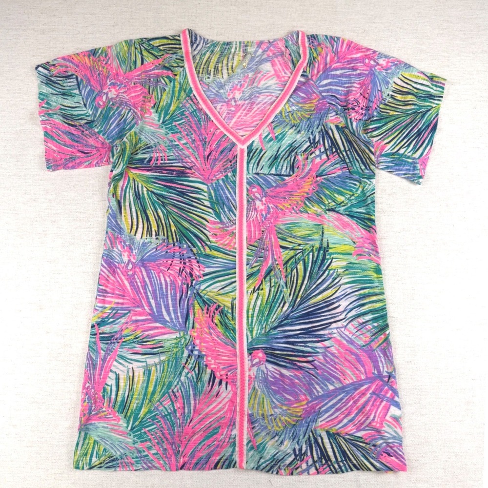 Lilly Pulitzer Women Pink Green Tropical Palm Parrot V-Neck T-Shirt Pullover M